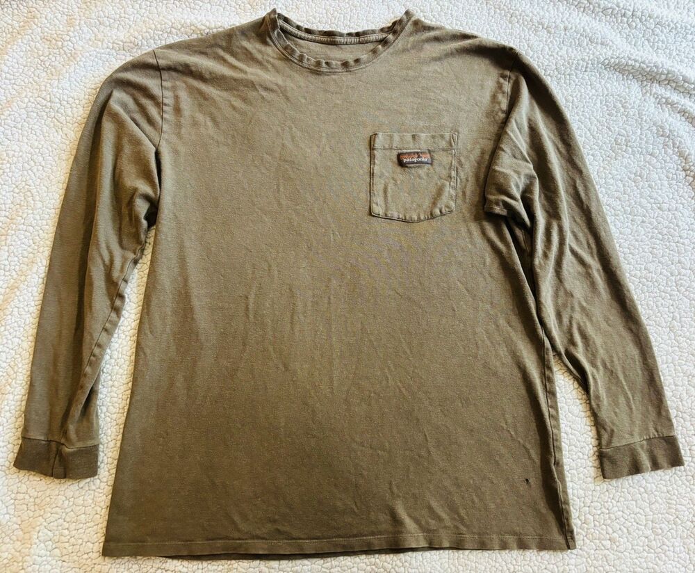 Patagonia Men's Hemp Blend Olive Brown Long Sleeve Work Pocket T-Shirt Size XL